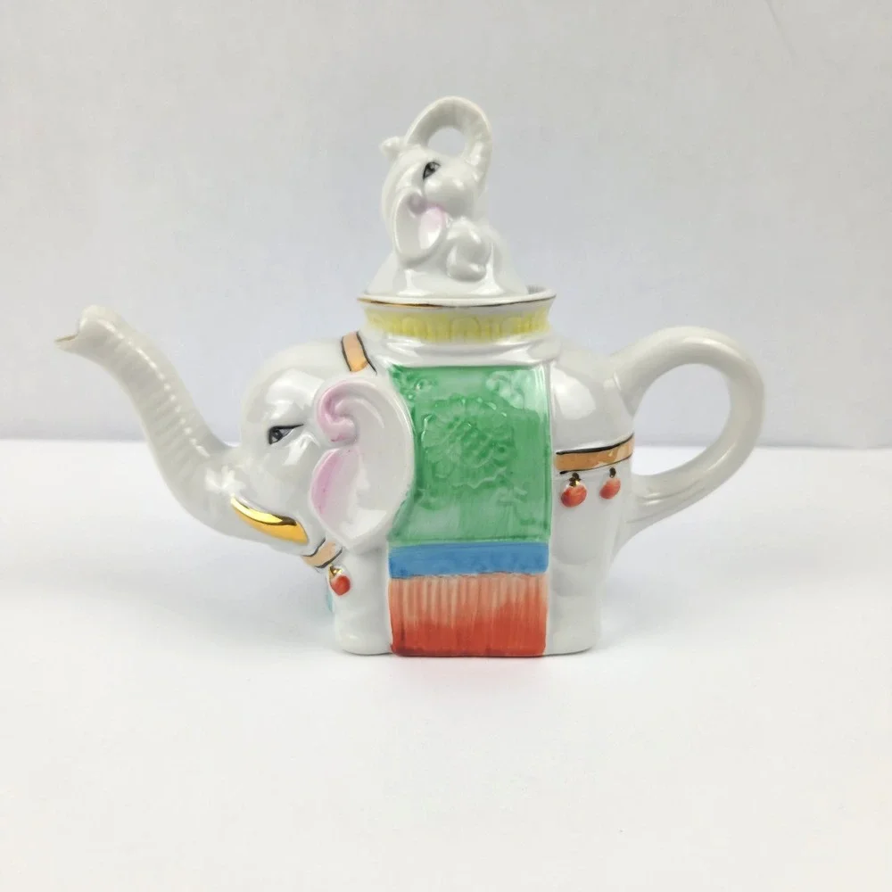 Vintage Elephant Teapot Porcelain Japan Gold Gilt Figural Tea Pot White Elephant